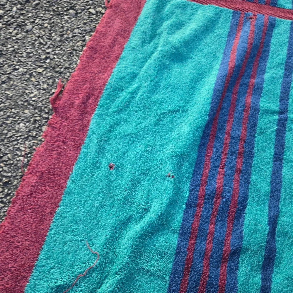 VTG JCPenney Beach Towel Teal Burgundy Striped Pima Cotton Thrashed Distress USA